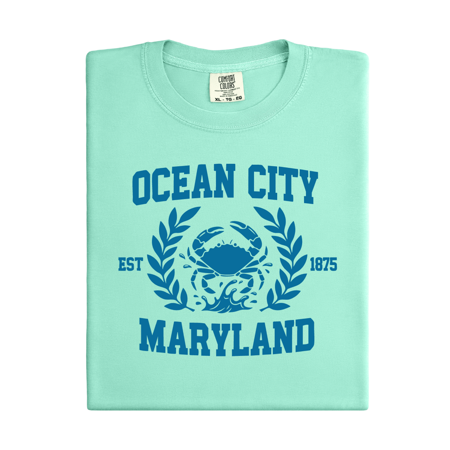 Island Reef t-shirt with blue graphic and text on a white background