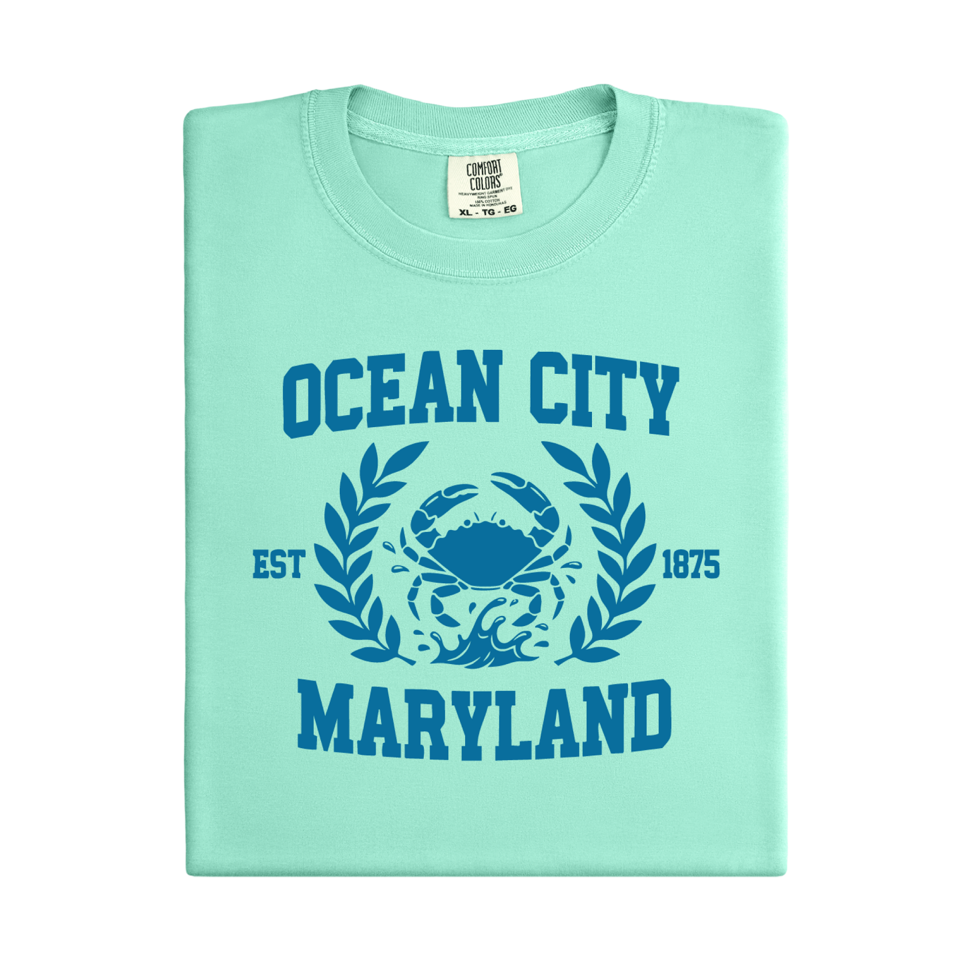 Island Reef t-shirt with blue graphic and text on a white background