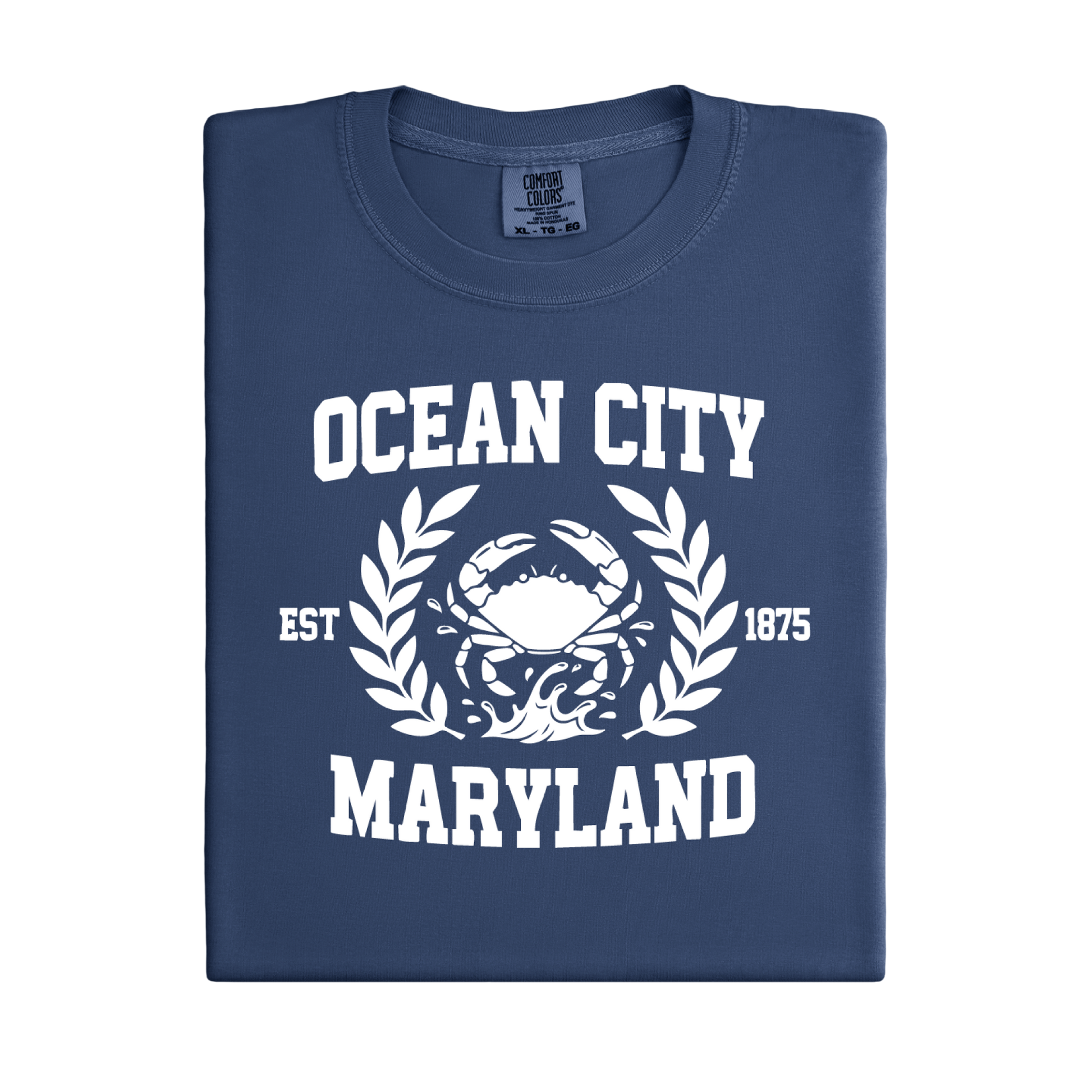Folded navy blue t-shirt with white 'Ocean City, Maryland' text and crab graphic on a white background