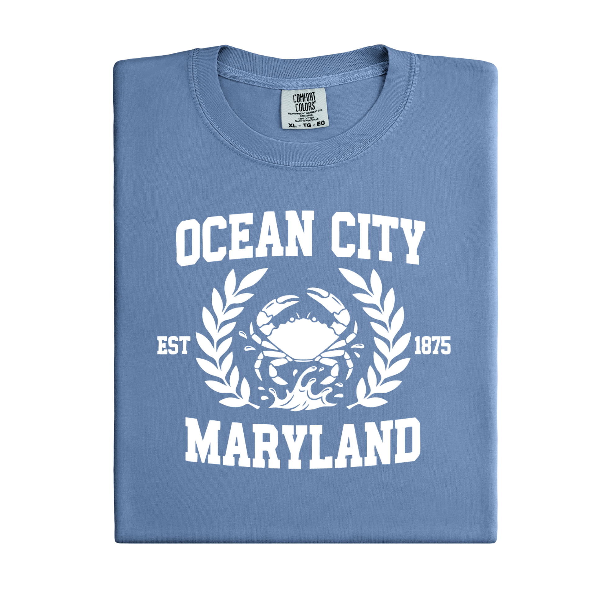 Folded blue t-shirt with 'Ocean City, Maryland' text and crab graphic on a white background