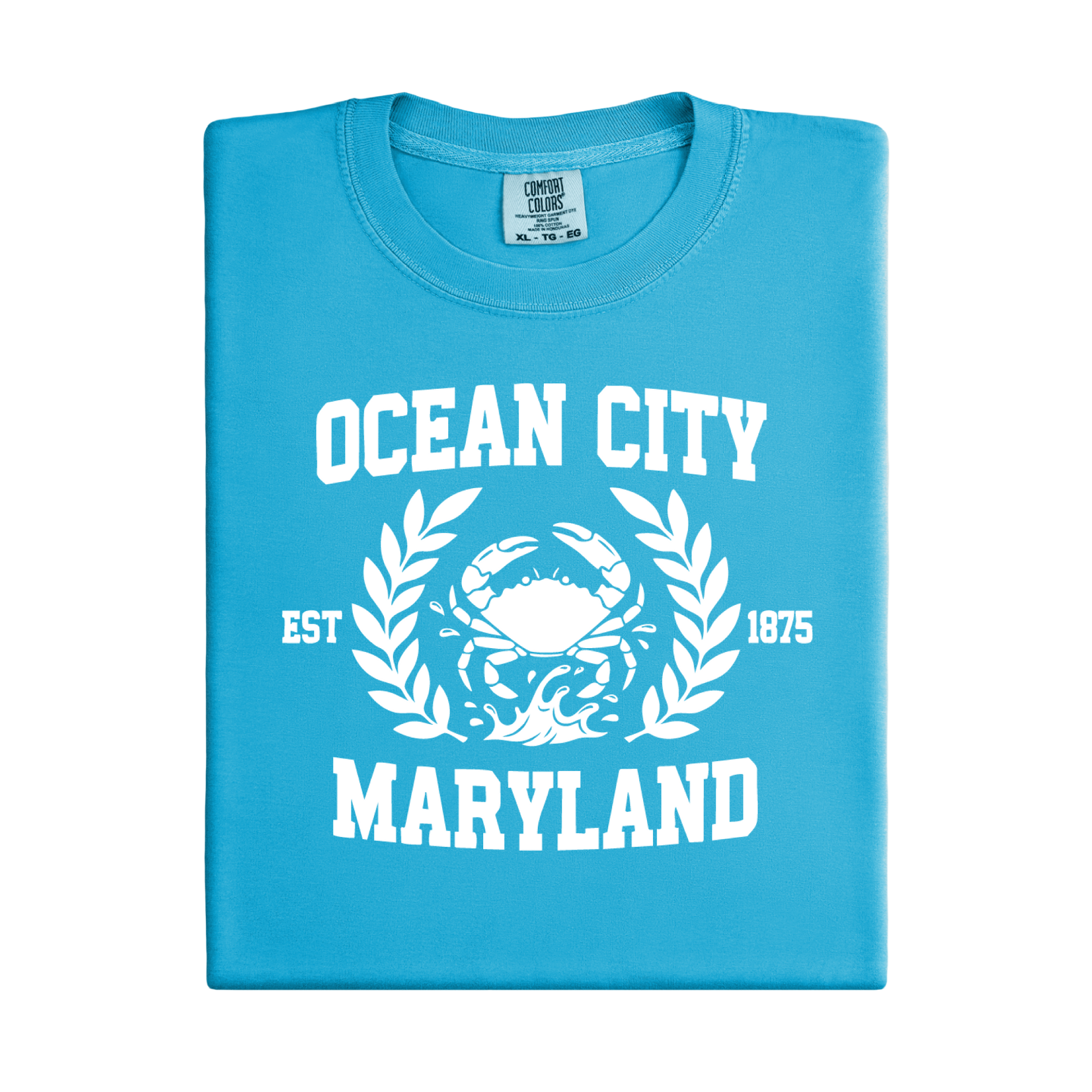 Sapphire t-shirt with 'Ocean City, Maryland' text and a crab graphic on a white background