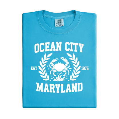Sapphire t-shirt with 'Ocean City, Maryland' text and a crab graphic on a white background
