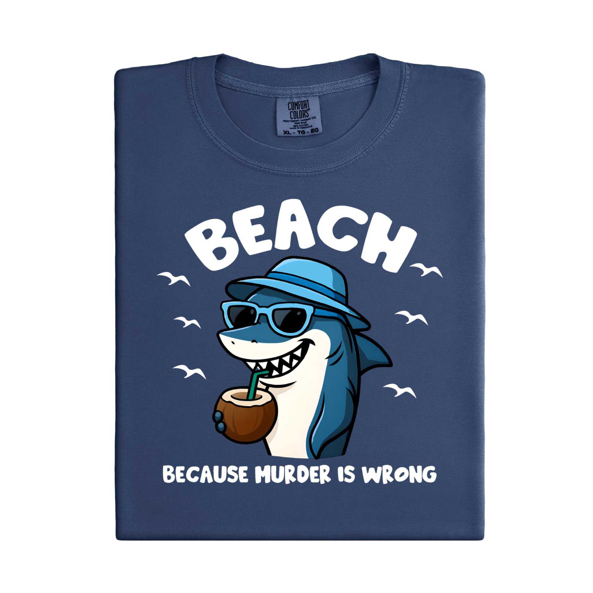 Navy blue t-shirt with a cartoon shark design and text on a white background