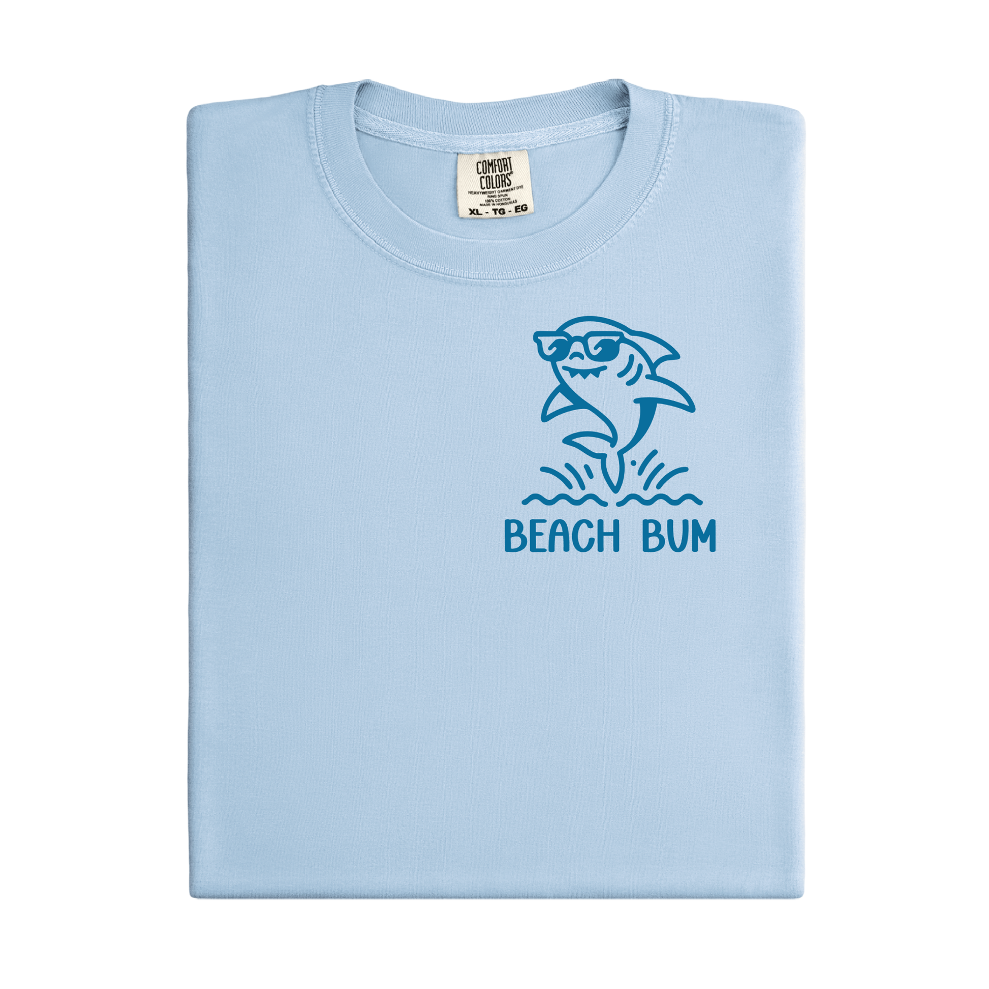 Light blue t-shirt with shark graphic and 'Beach Bum' text on a white background