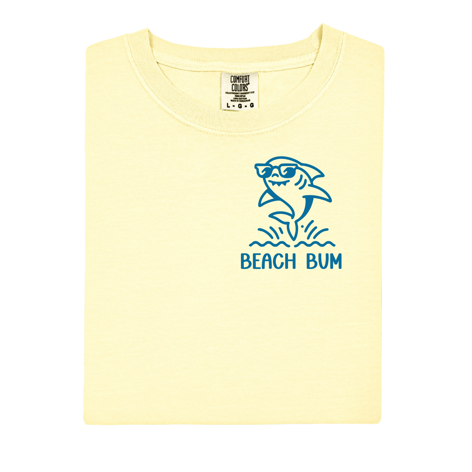 Yellow t-shirt with a blue shark graphic and 'Beach Bum' text on a white background