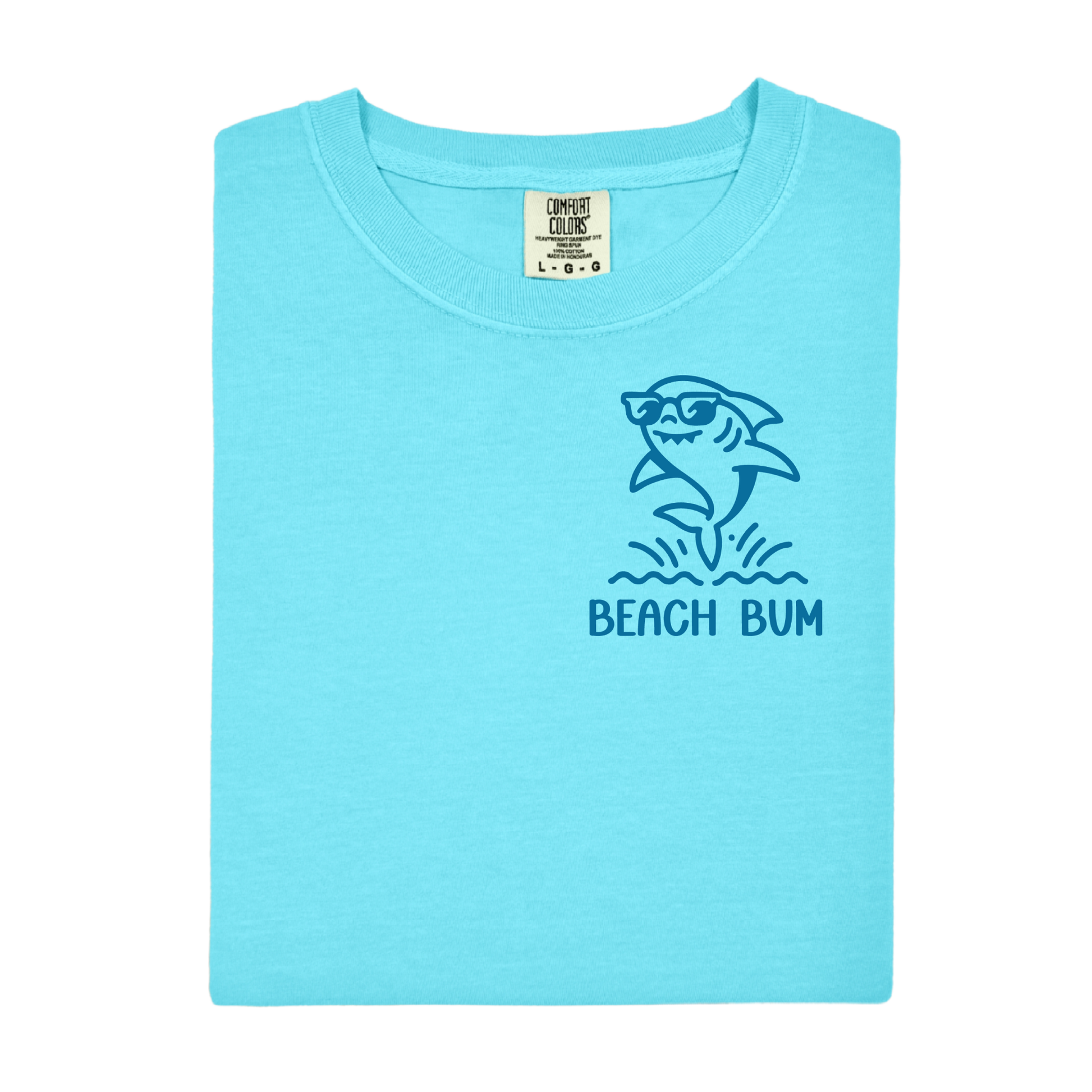 Light blue t-shirt with a shark graphic and 'Beach Bum' text on a white background