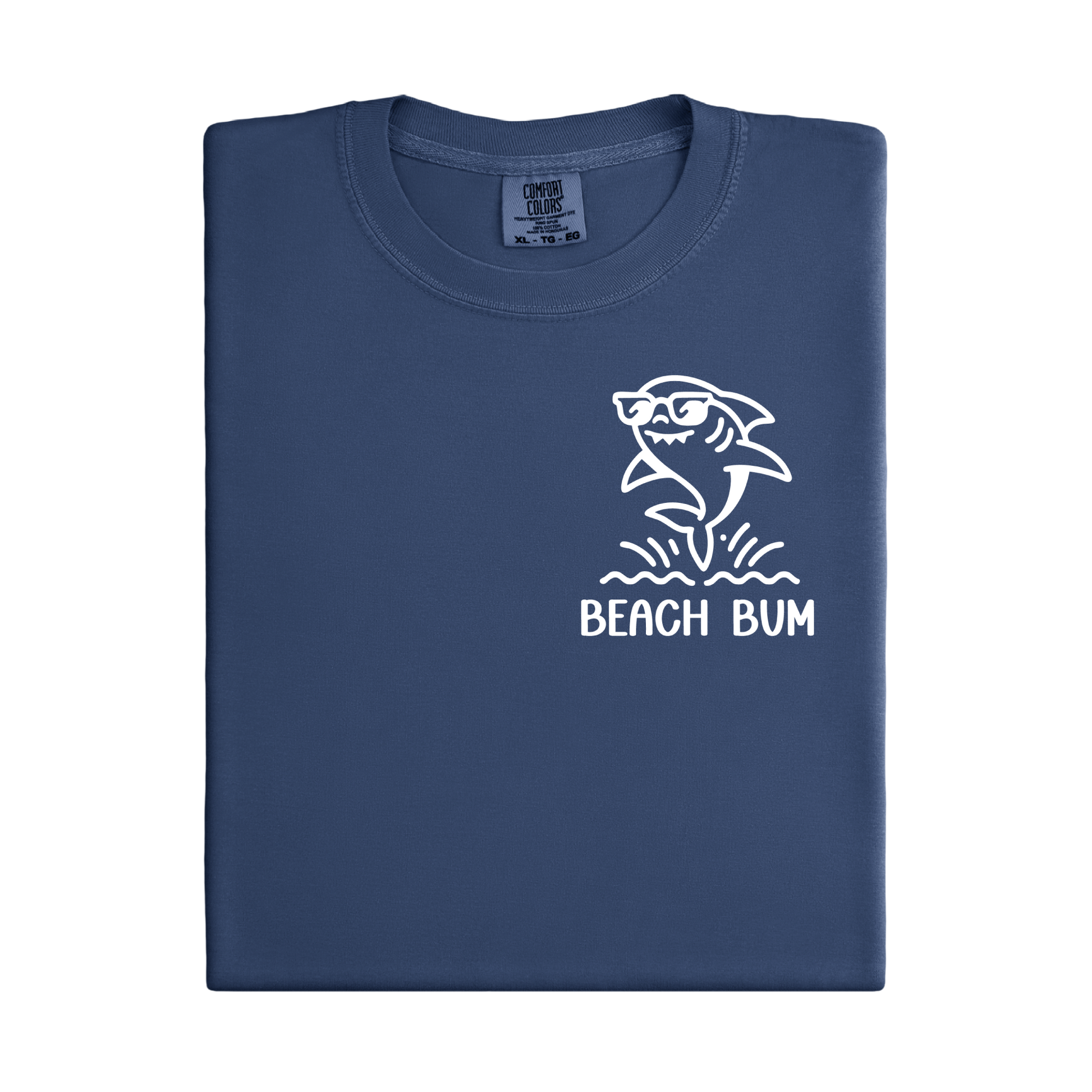 Navy blue t-shirt with a white shark graphic and 'Beach Bum' text on a white background