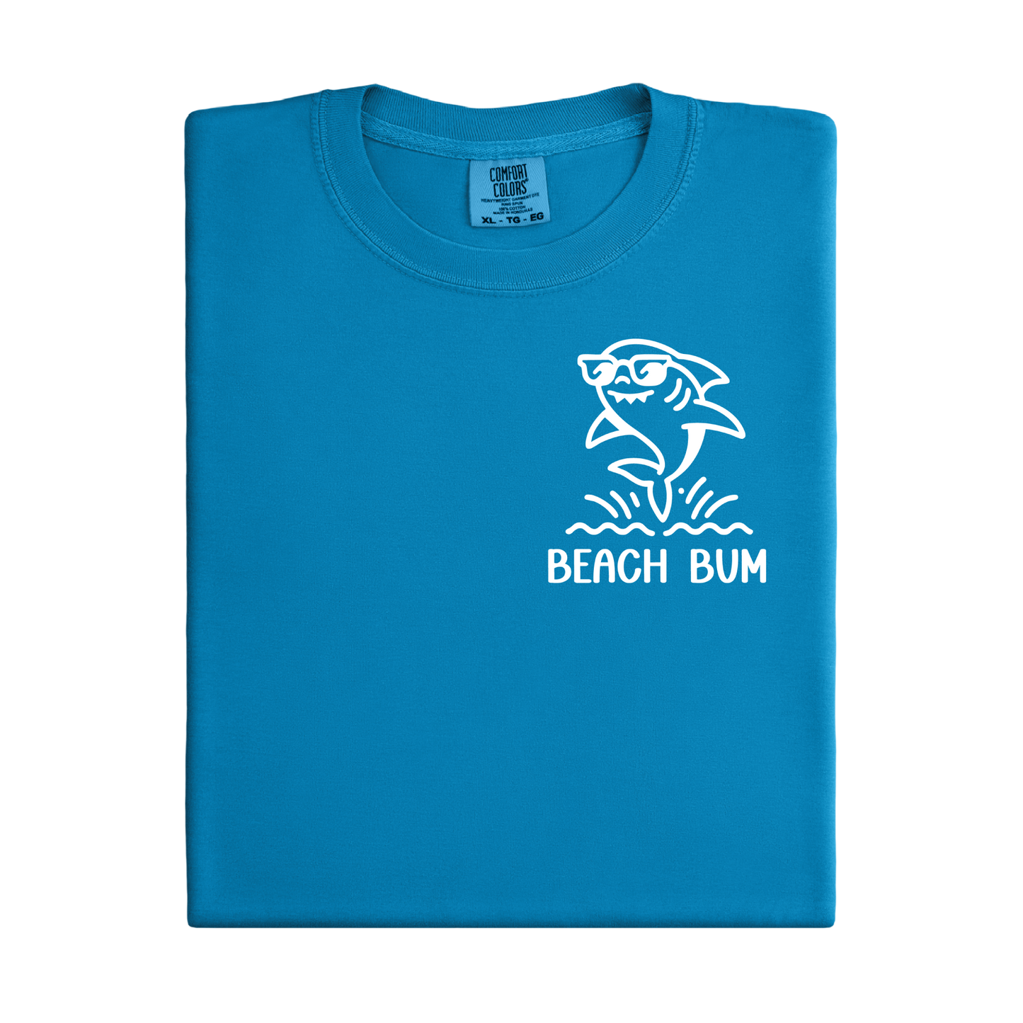Blue t-shirt with a shark graphic and 'Beach Bum' text on a white background