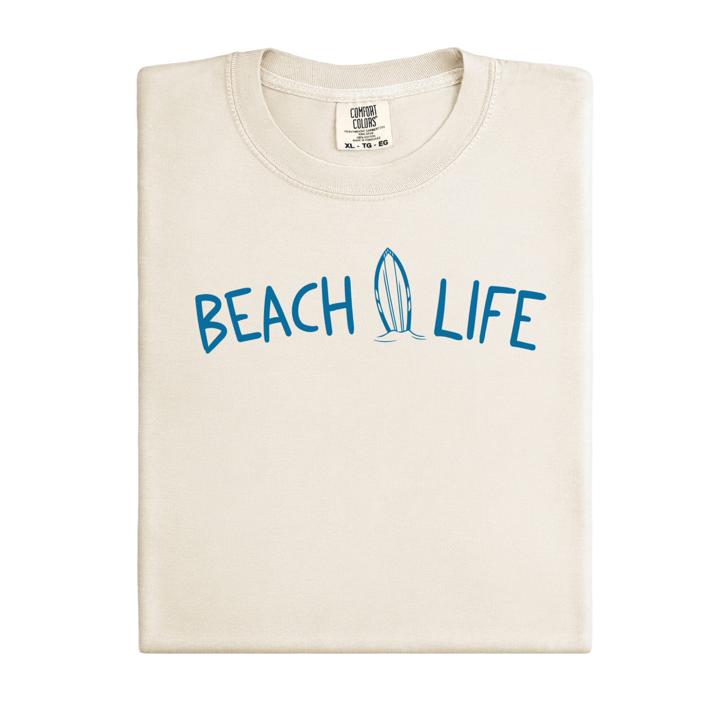 Ivory t-shirt with 'BEACH LIFE' text and surfboard graphic on a white background