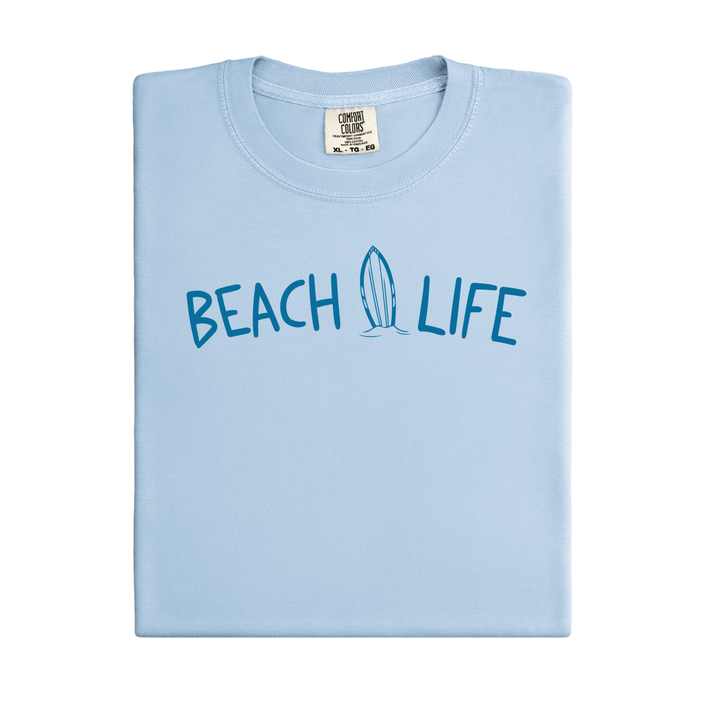 Light blue t-shirt with 'Beach Life' text and surfboard graphic on a white background