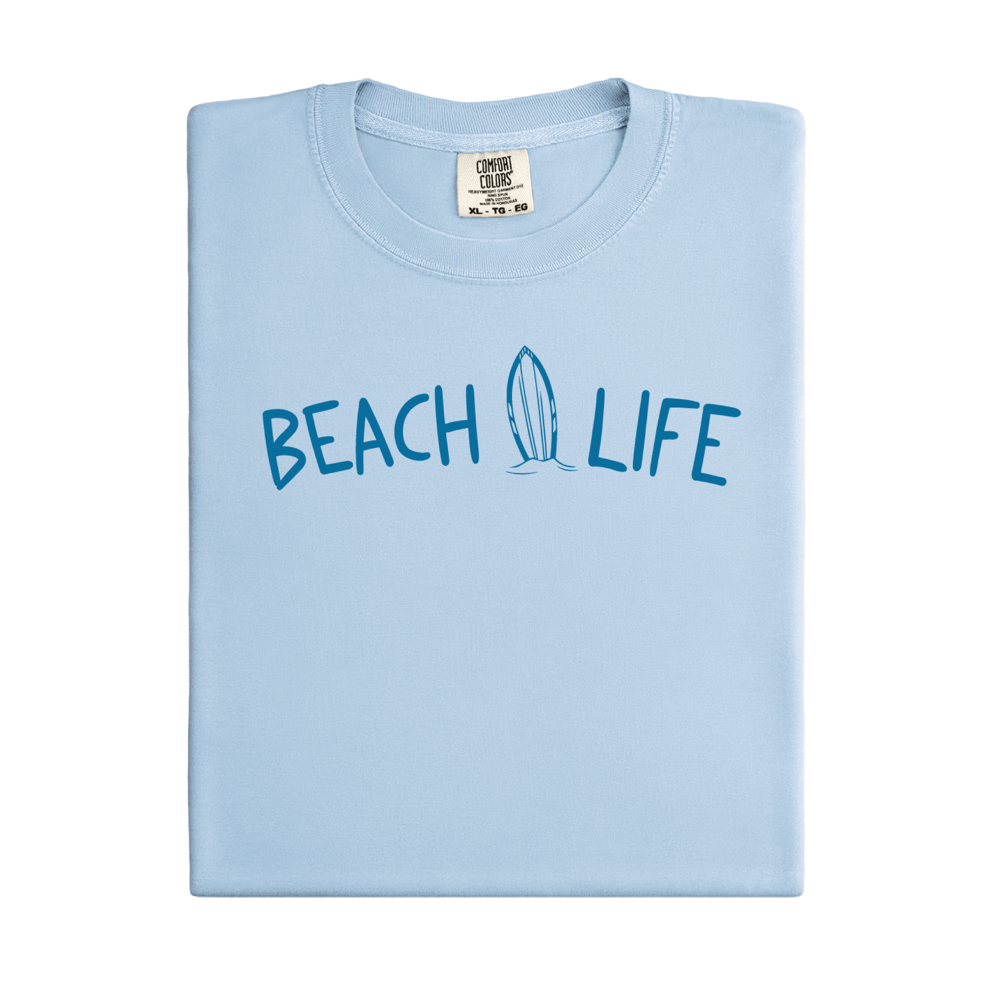 Light blue t-shirt with 'Beach Life' text and surfboard graphic on a white background