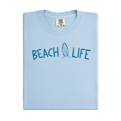 Light blue t-shirt with 'Beach Life' text and surfboard graphic on a white background