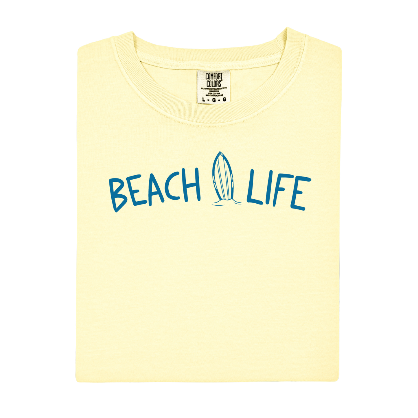 Yellow t-shirt with 'Beach Life' text and surfboard graphic on a white background