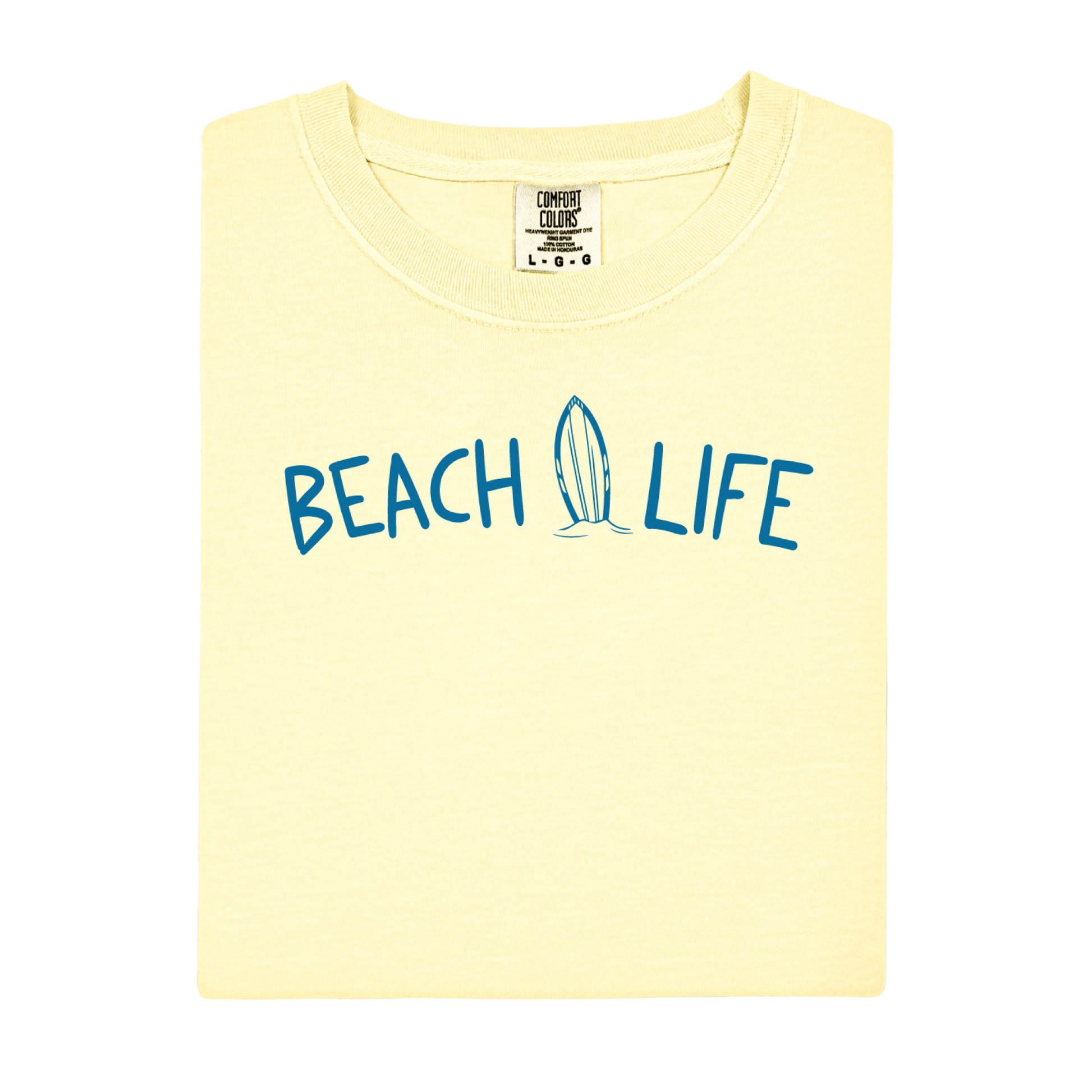 Yellow t-shirt with 'Beach Life' text and surfboard graphic on a white background