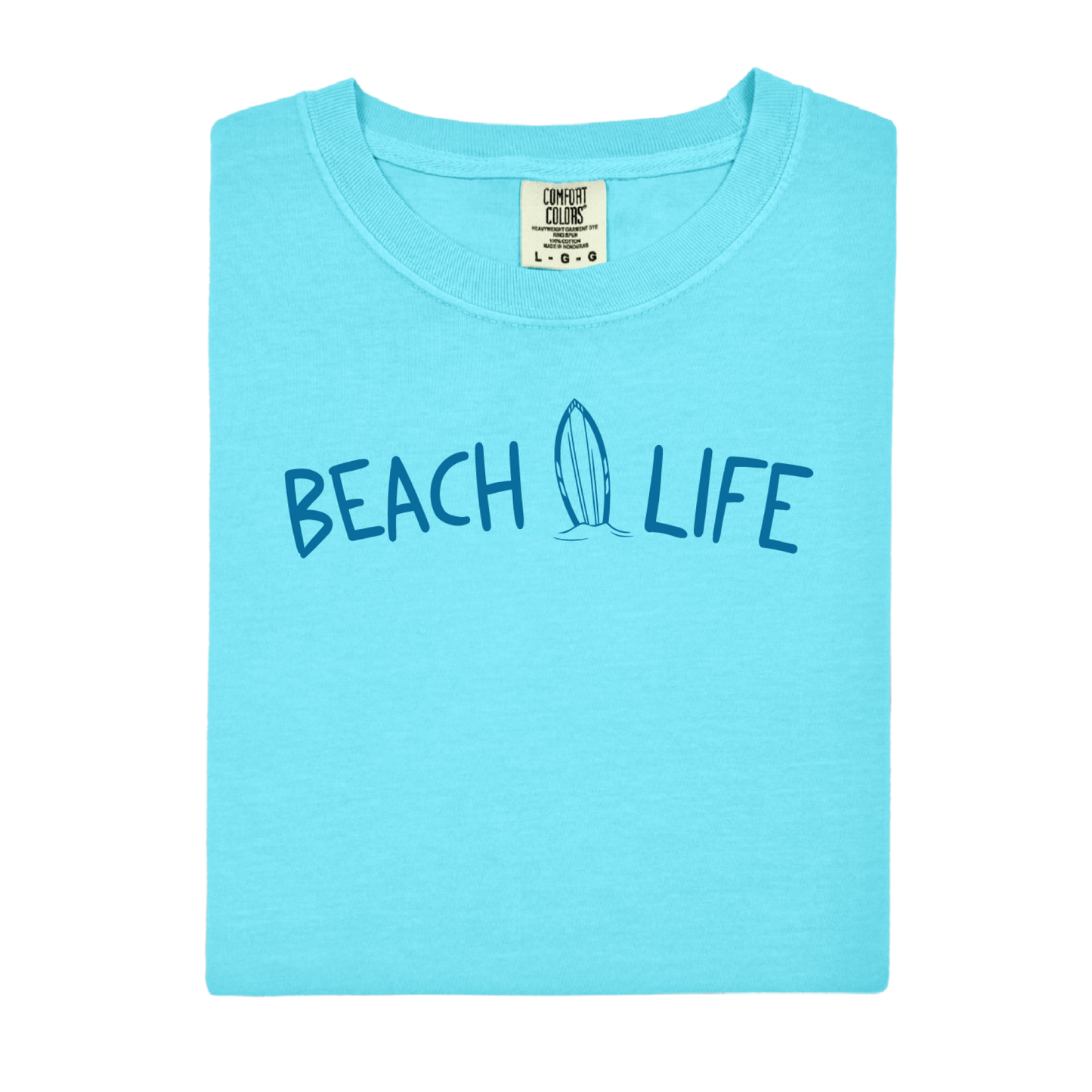 Lagoon blue t-shirt with 'Beach Life' text and surfboard graphic on a white background