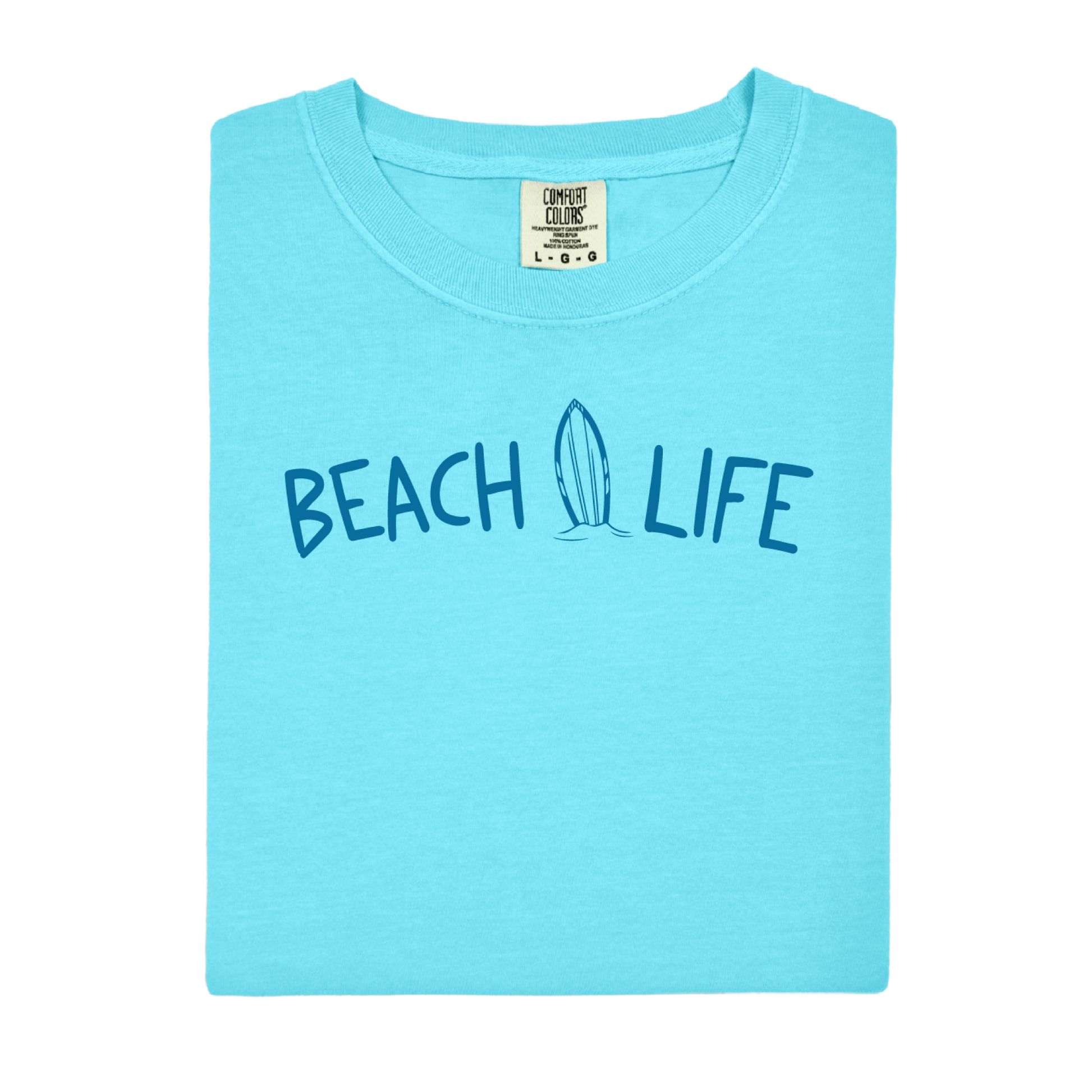 Lagoon blue t-shirt with 'Beach Life' text and surfboard graphic on a white background