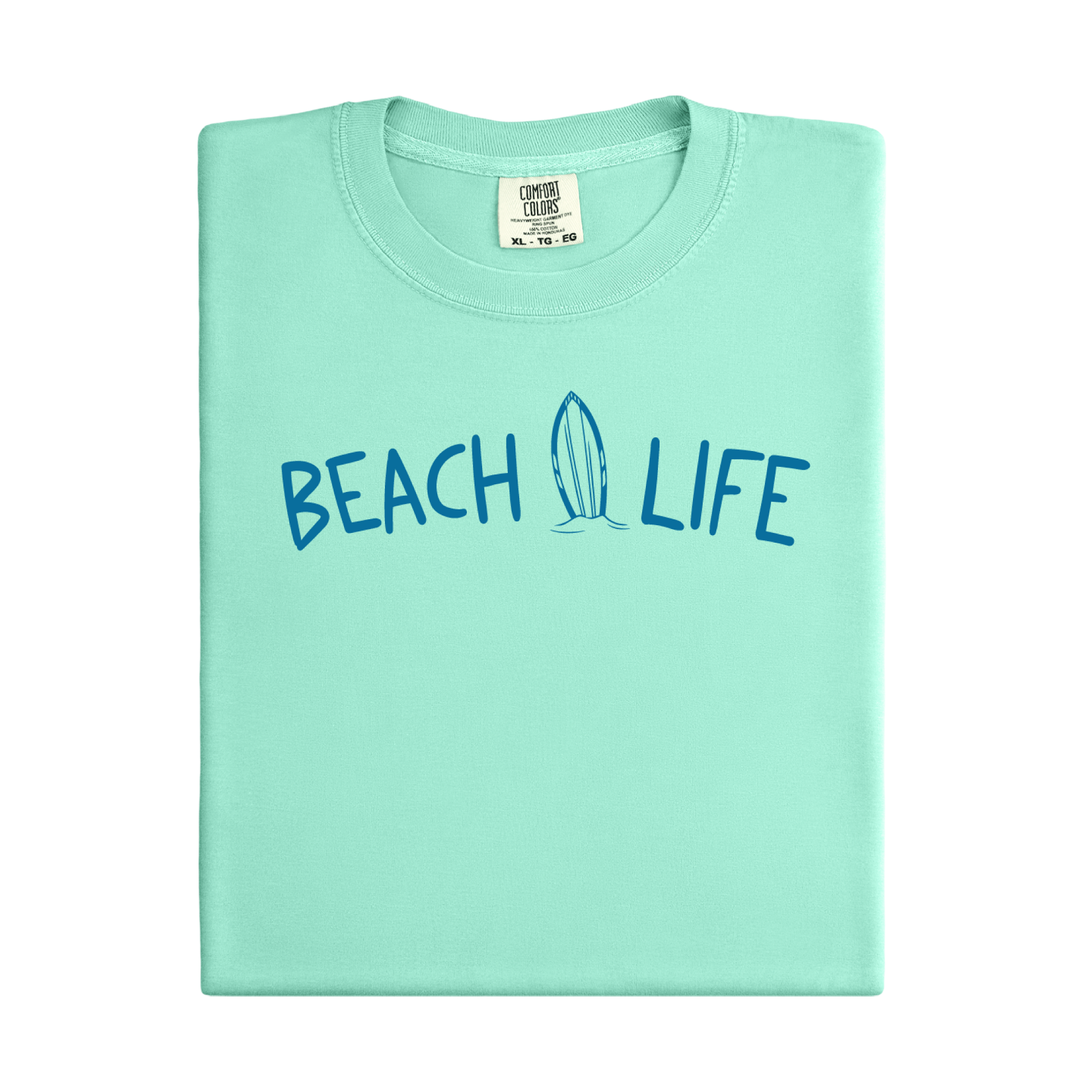 Mint green t-shirt with 'Beach Life' text on a white background