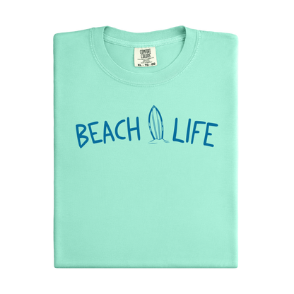 Mint green t-shirt with 'Beach Life' text on a white background