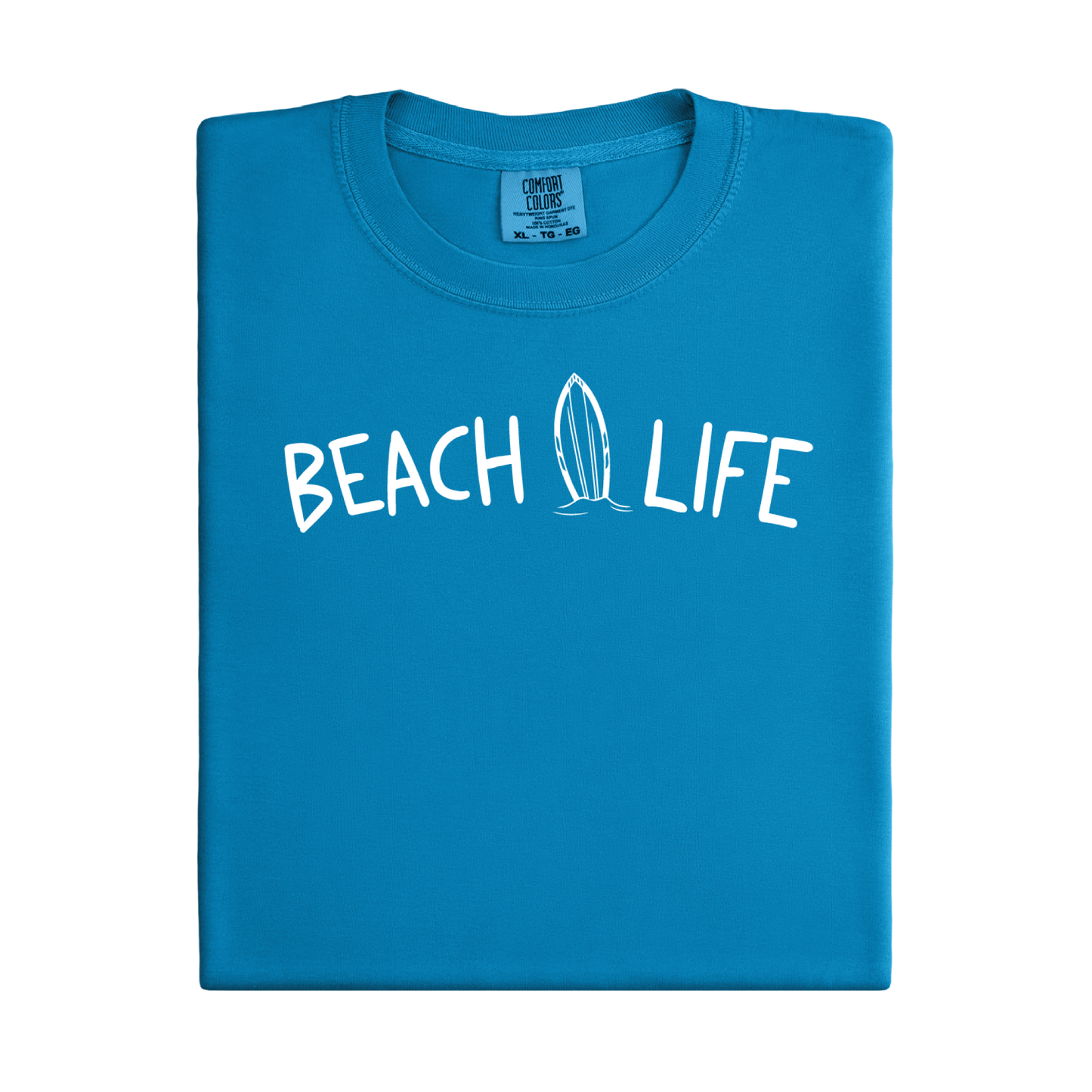 royal Caribe Blue t-shirt with 'Beach Life' text and surfboard graphic on a white background