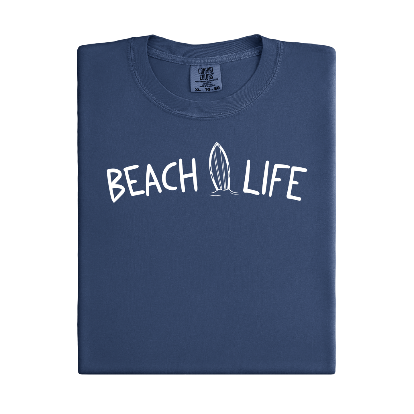 Folded Denim blue t-shirt with 'Beach Life' text and surfboard graphic on a white background