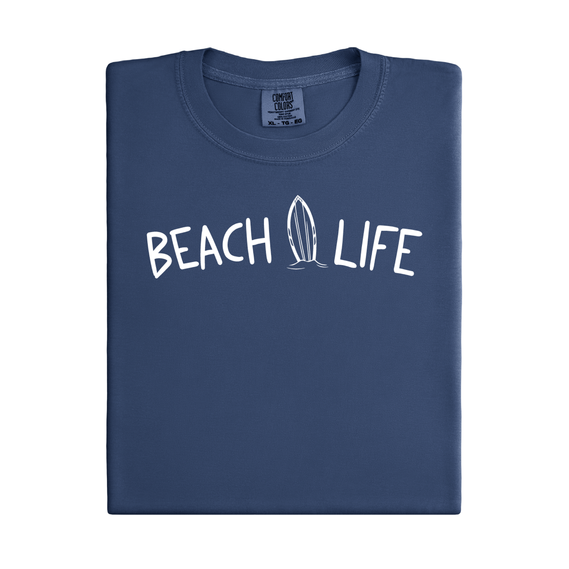 Folded Denim blue t-shirt with 'Beach Life' text and surfboard graphic on a white background