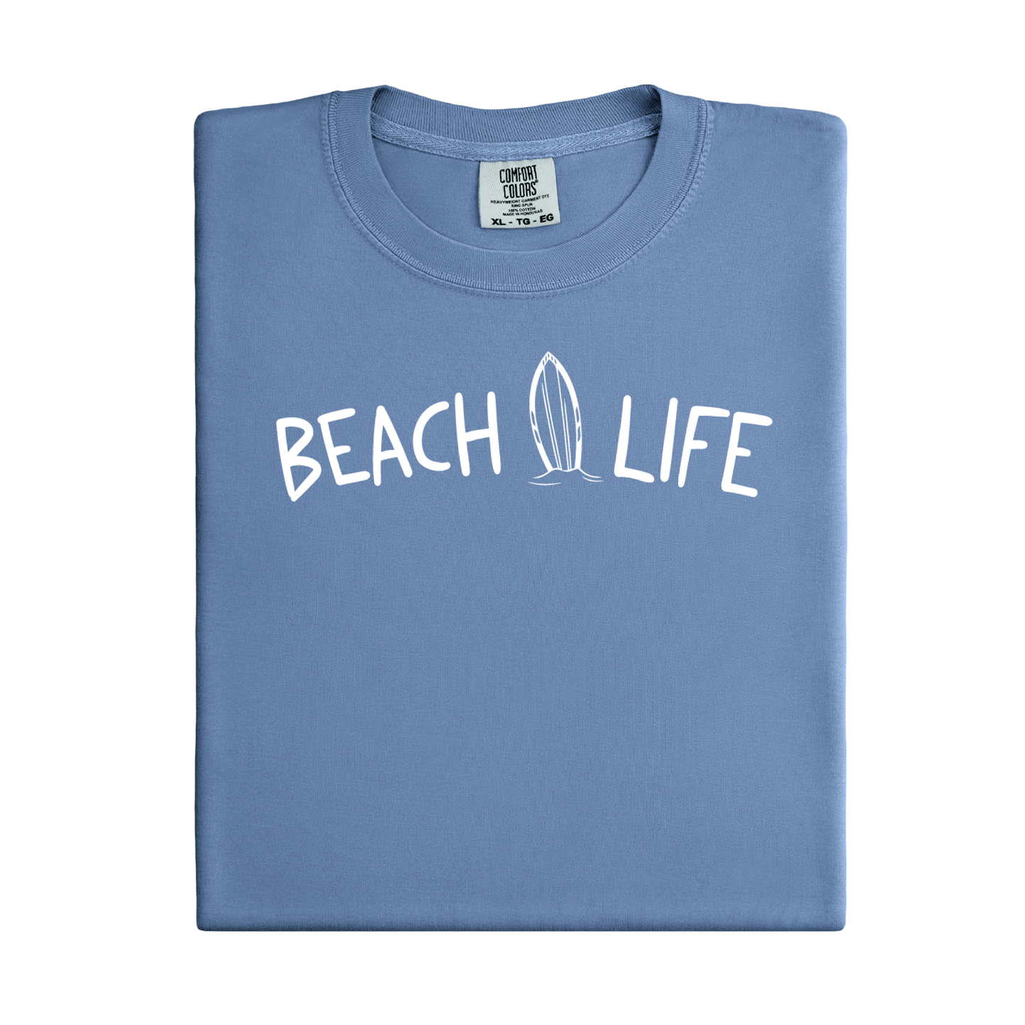 Folded blue jean t-shirt with 'Beach Life' text and surfboard graphic on a white background