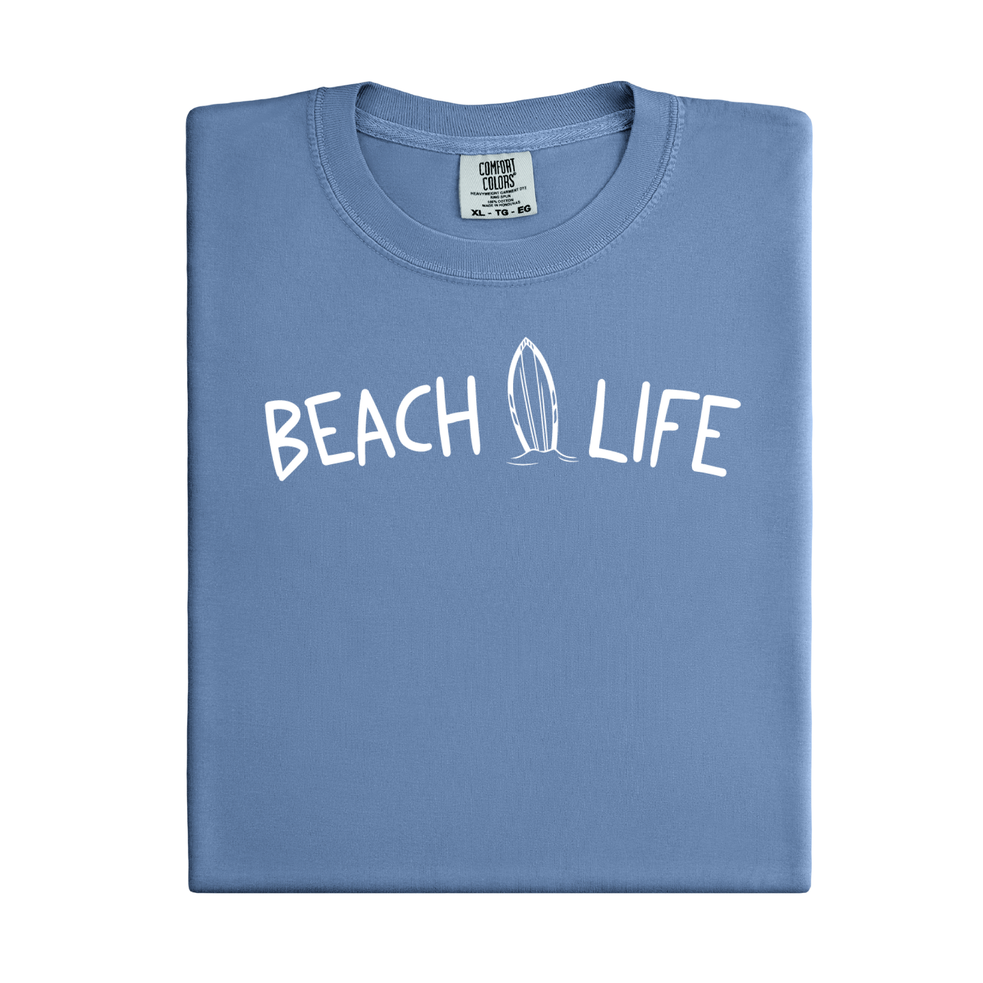 Folded blue jean t-shirt with 'Beach Life' text and surfboard graphic on a white background