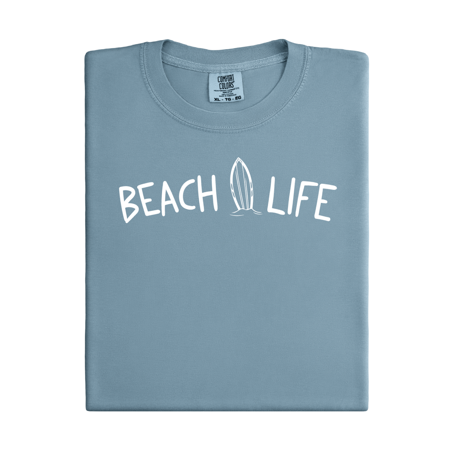 Folded Ice blue t-shirt with 'Beach Life' text on a white background