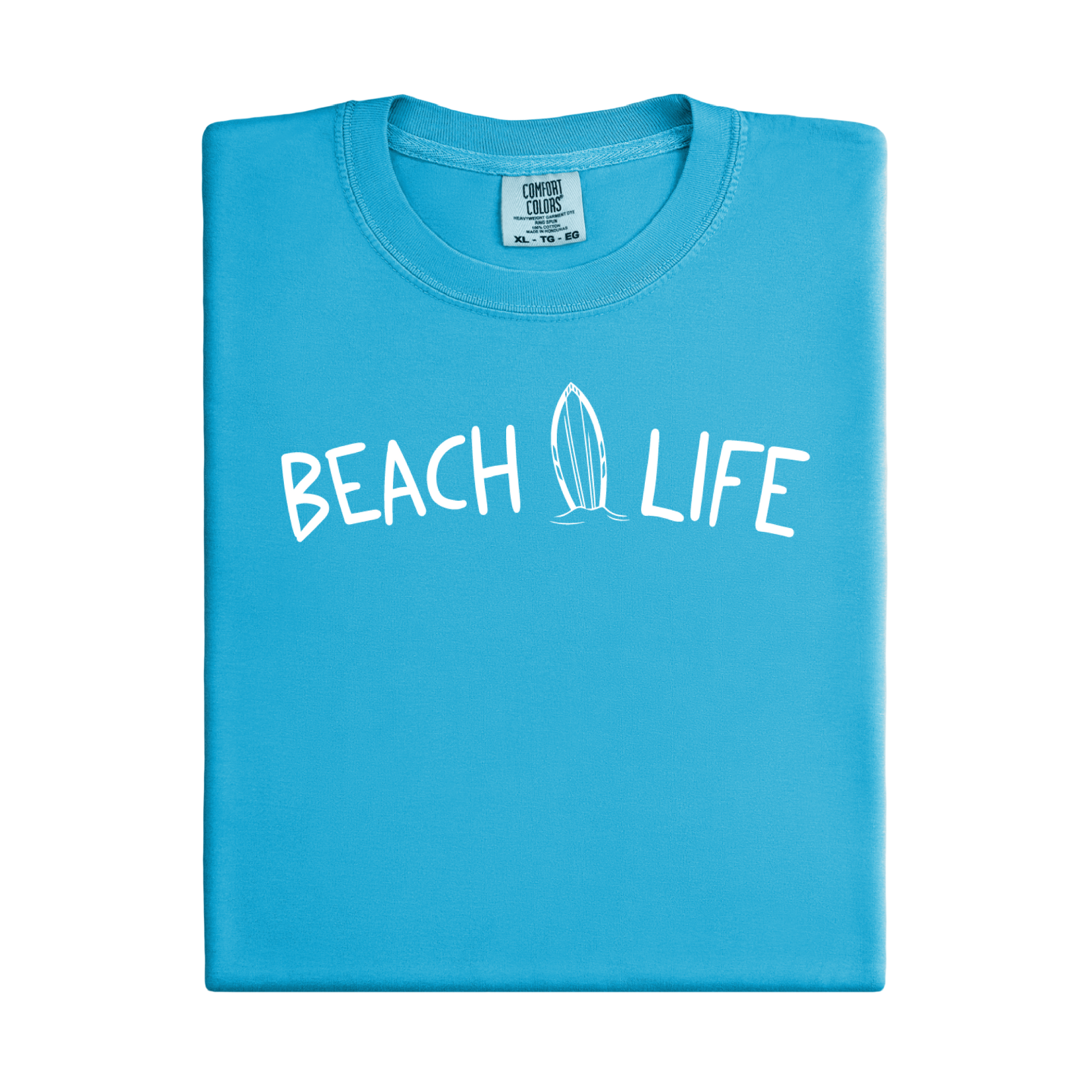 Sapphire Blue t-shirt with 'Beach Life' text and surfboard graphic on a white background