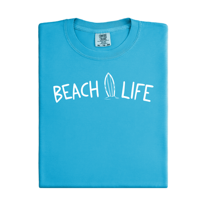 Sapphire Blue t-shirt with 'Beach Life' text and surfboard graphic on a white background