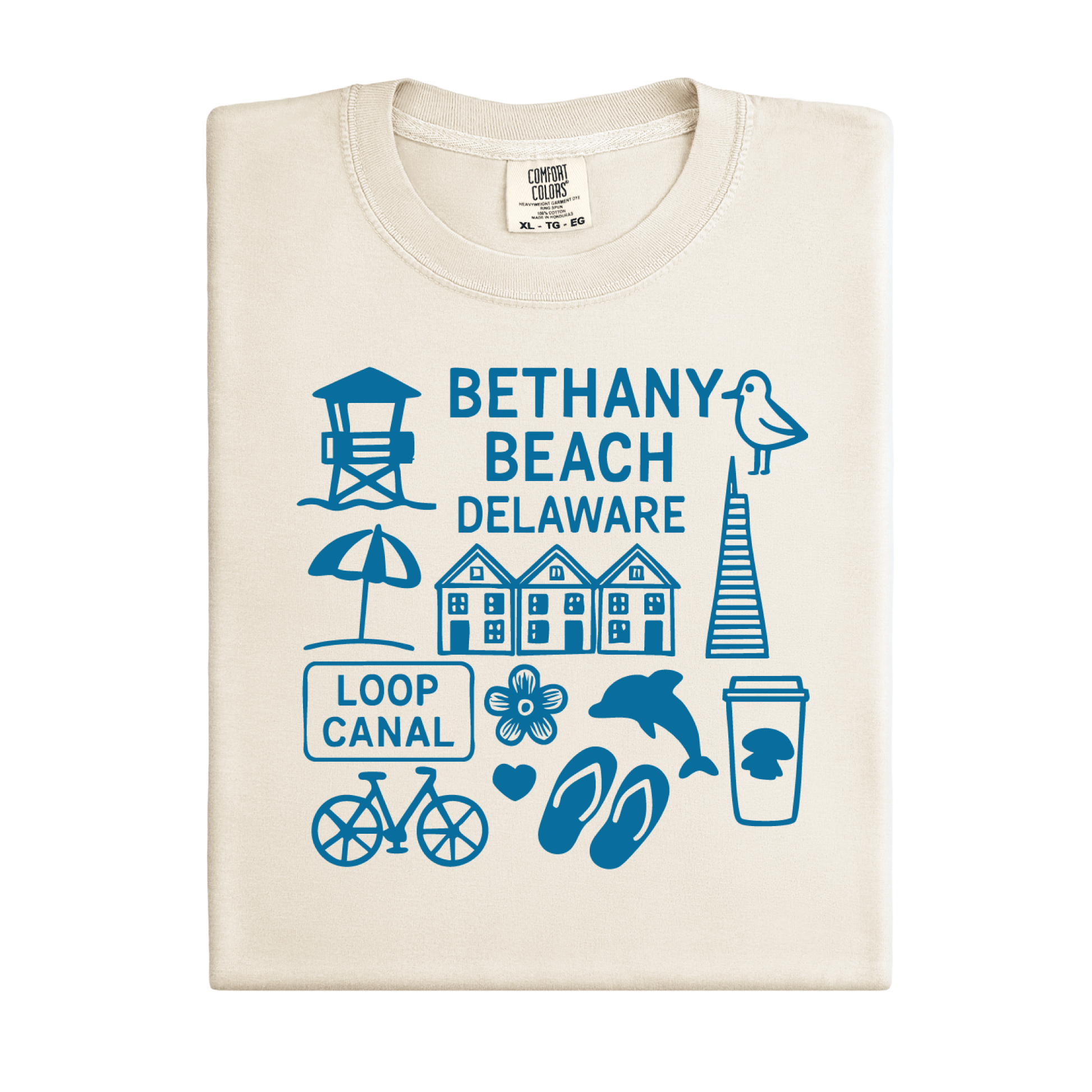 Beige t-shirt with blue graphics and text on a white background