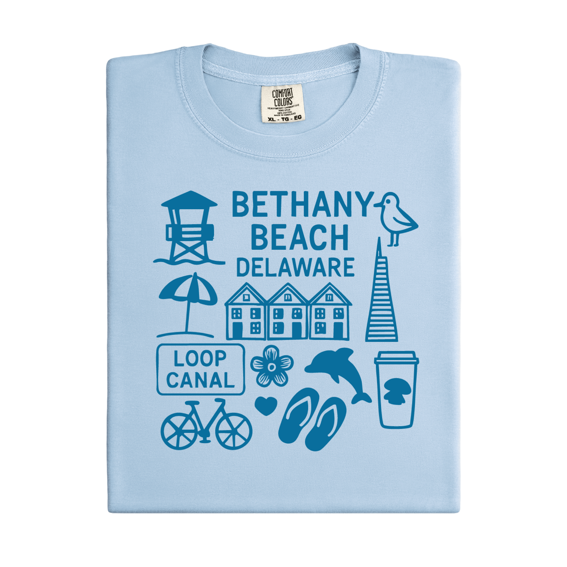 Light blue t-shirt with Bethany Beach, Delaware graphics and text on a white background