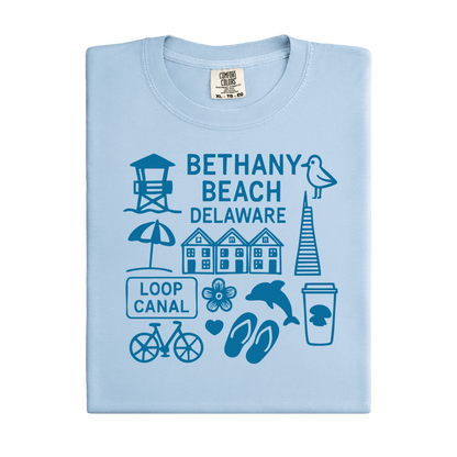 Light blue t-shirt with Bethany Beach, Delaware graphics and text on a white background