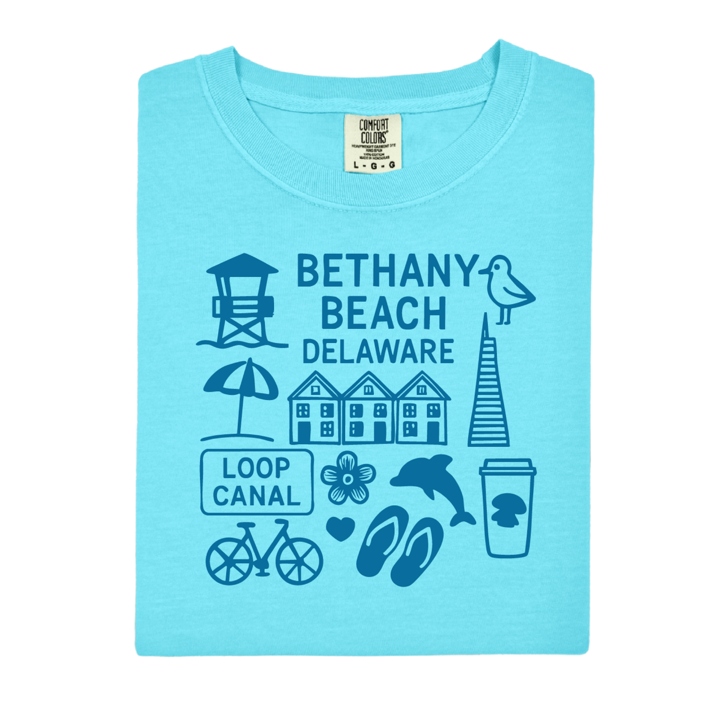 Light blue t-shirt with Bethany Beach, Delaware graphics and text on a white background