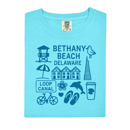 Light blue t-shirt with Bethany Beach, Delaware graphics and text on a white background