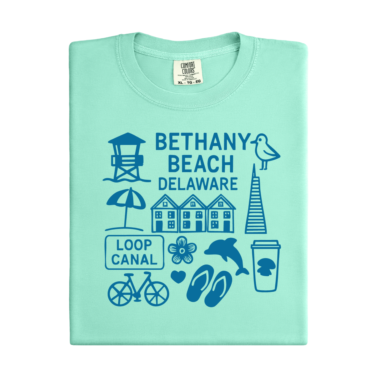 Mint green t-shirt with blue graphics and text on a white background