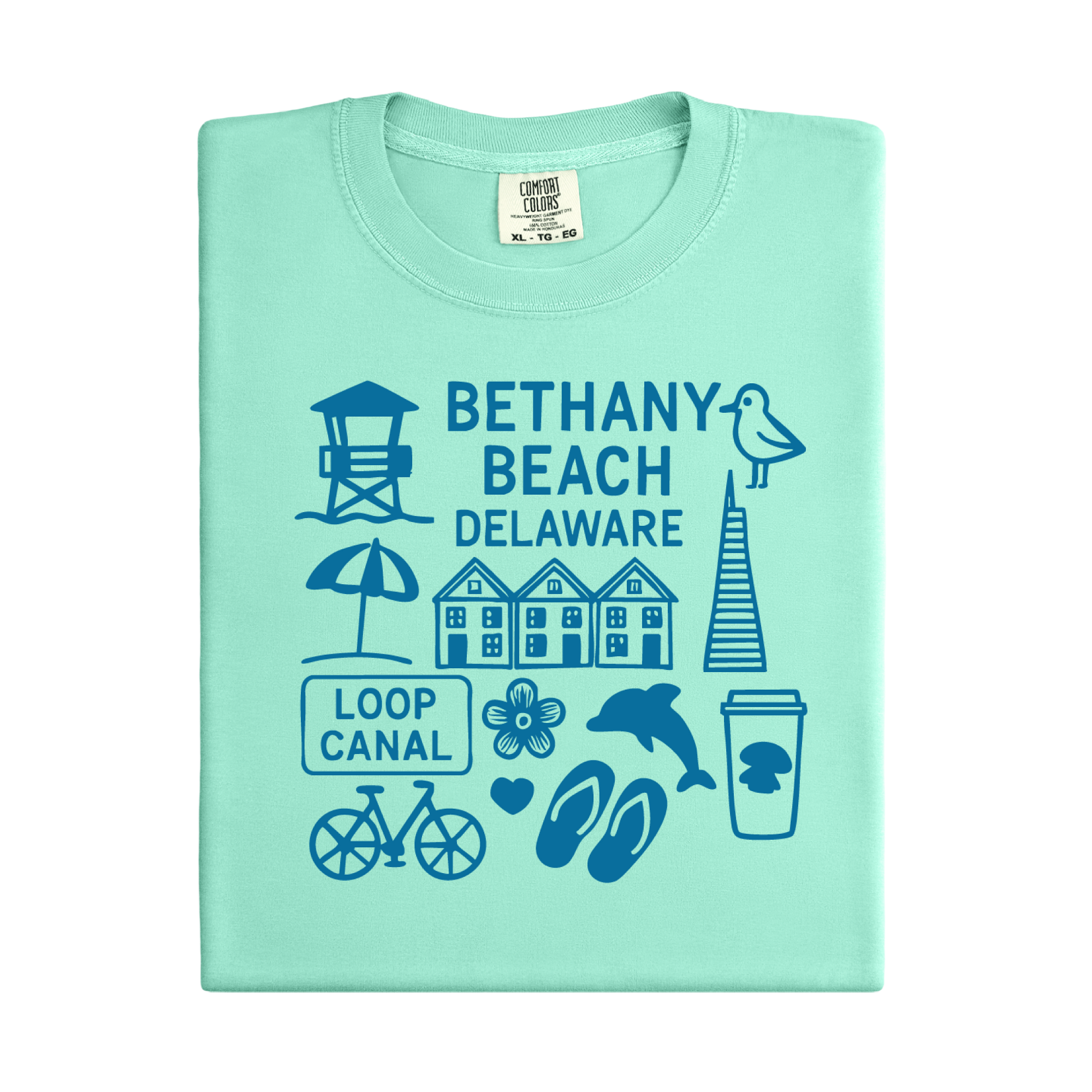 Mint green t-shirt with blue graphics and text on a white background