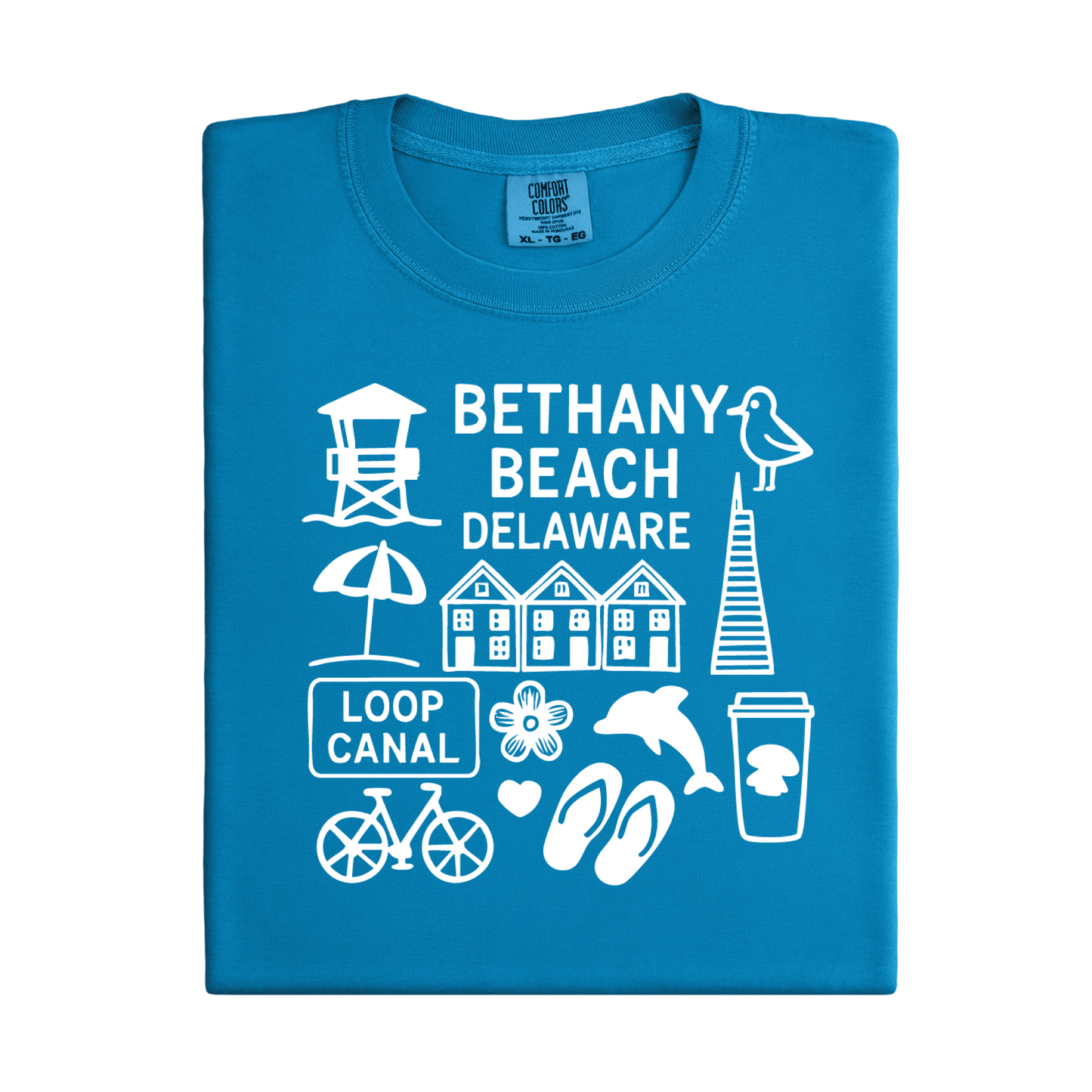 Blue t-shirt with white graphics and text on a white background