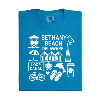 Blue t-shirt with white graphics and text on a white background