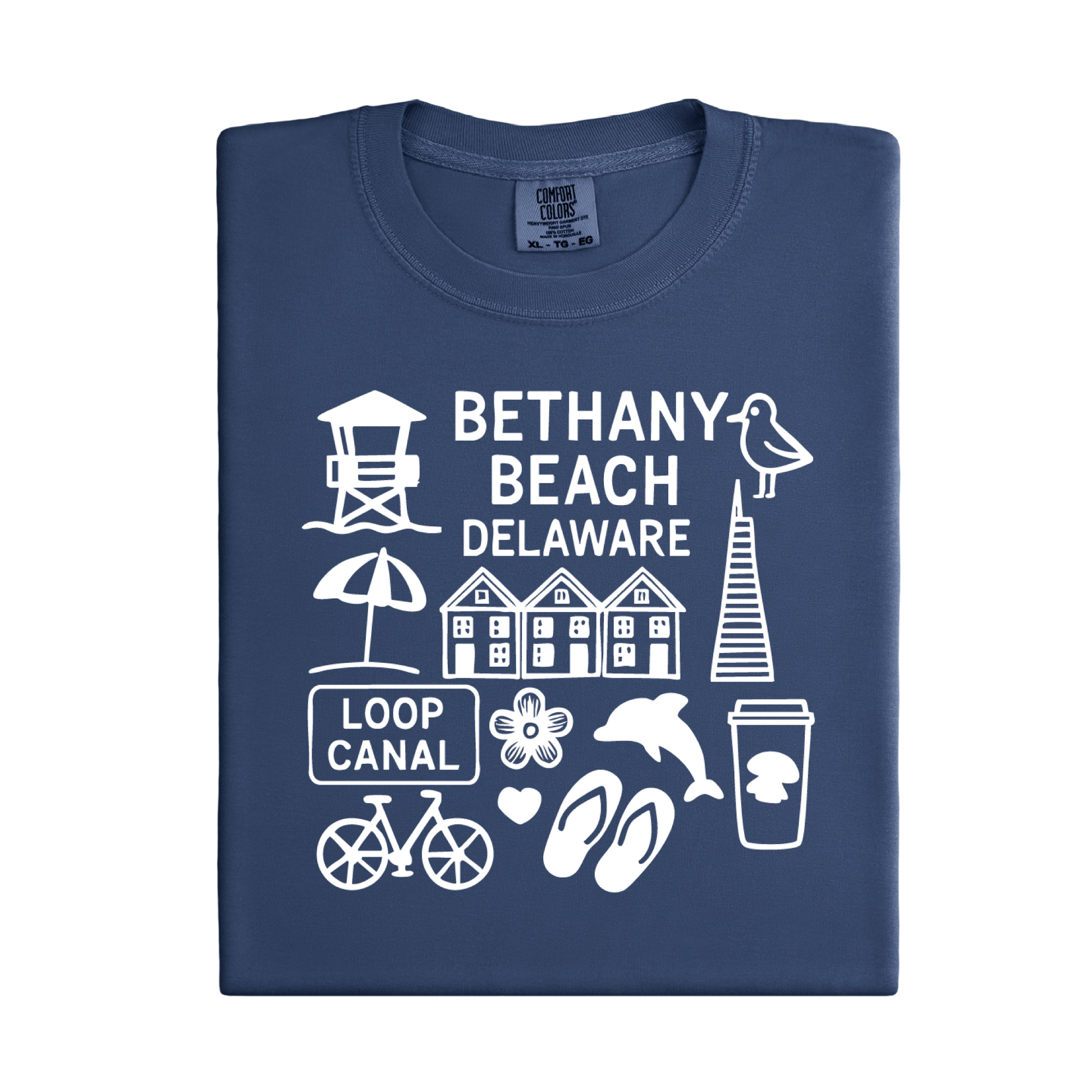 Navy blue t-shirt with white graphics and text on a white background