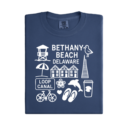 Navy blue t-shirt with white graphics and text on a white background