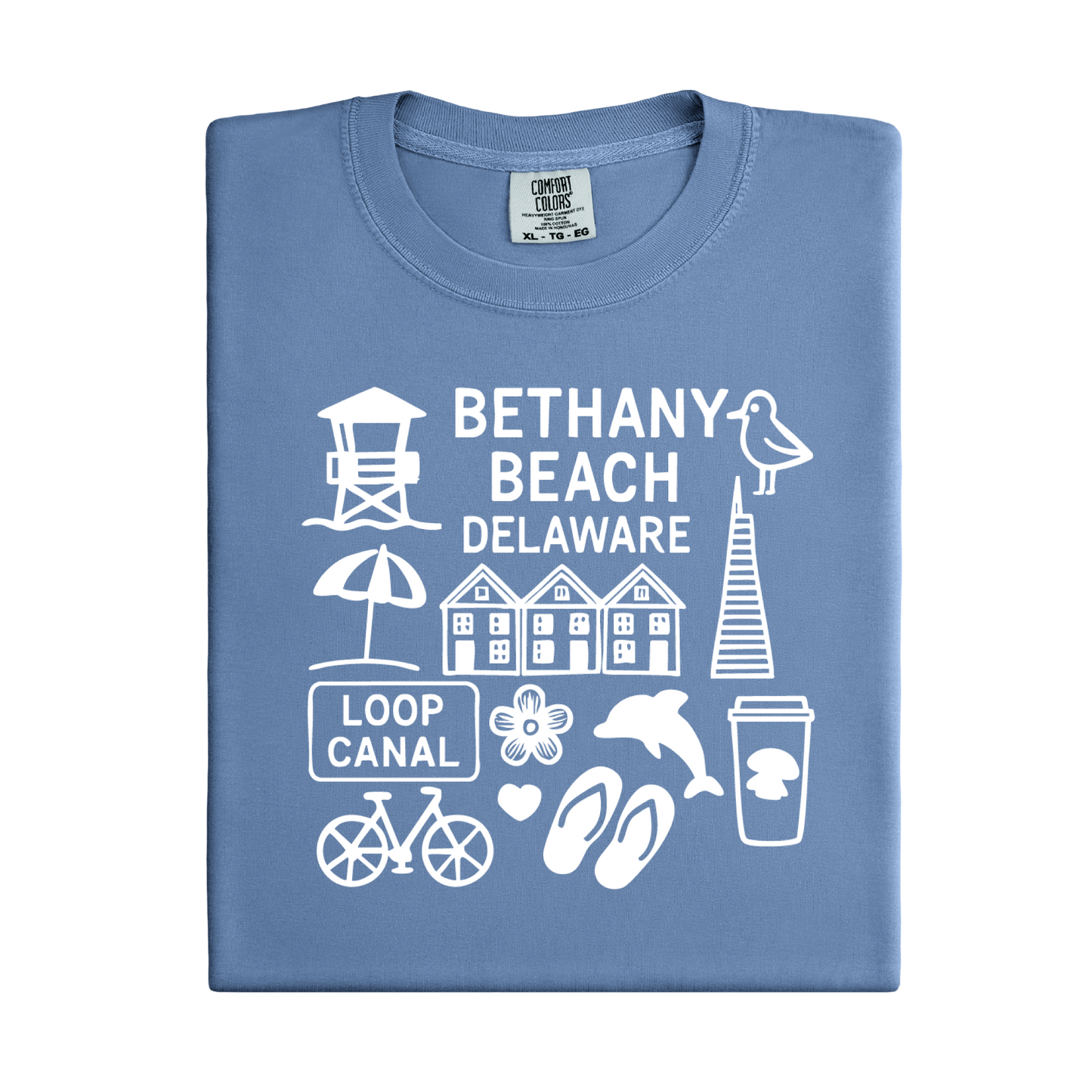 Folded blue t-shirt with white graphics and text on a white background