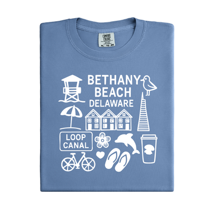 Folded blue t-shirt with white graphics and text on a white background