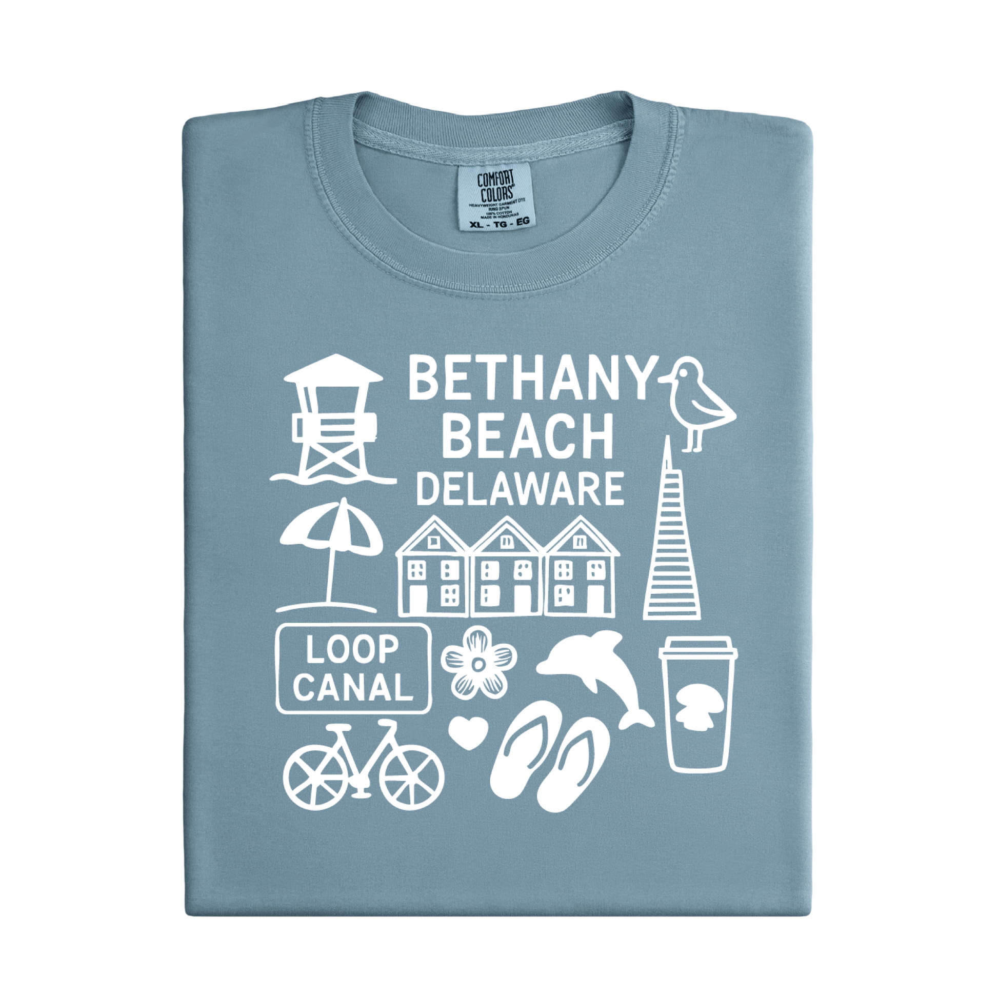 Folded blue t-shirt with white graphics and text about Bethany Beach, Delaware.
