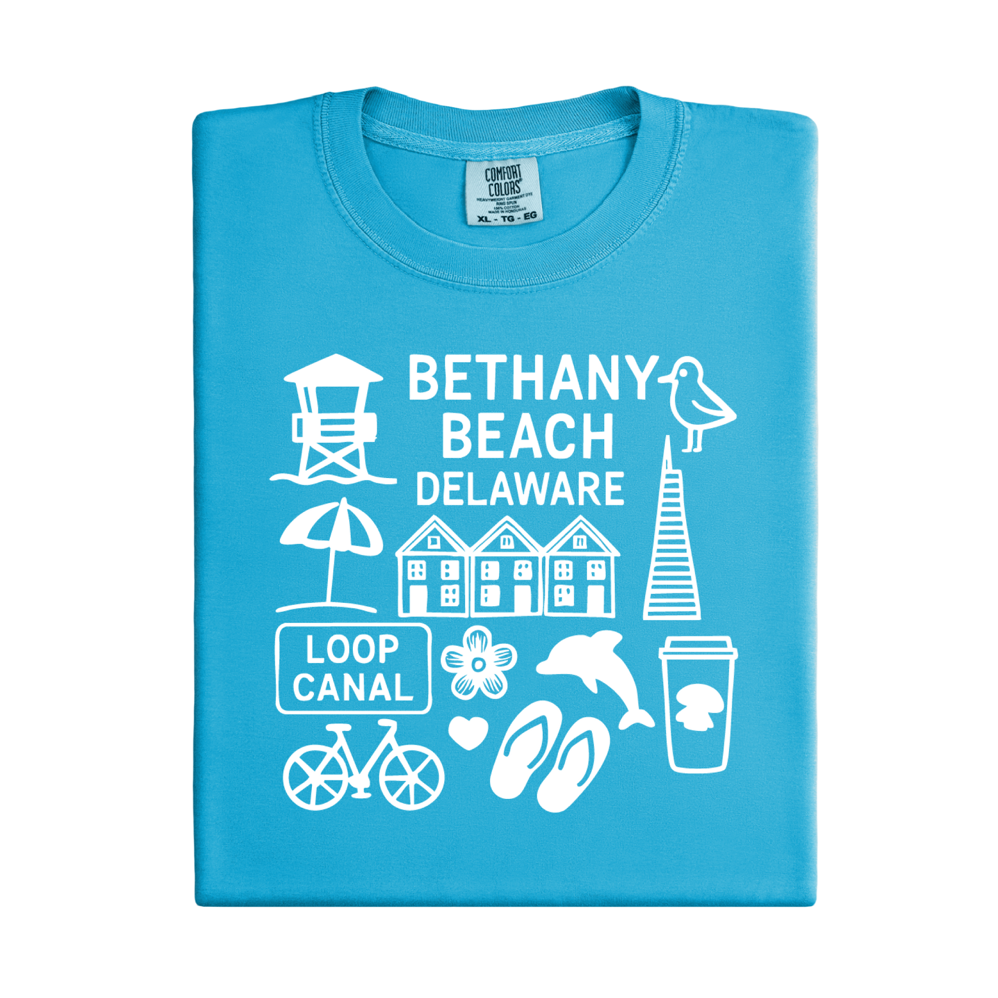 Blue t-shirt with white graphics and text about Bethany Beach, Delaware on a white background