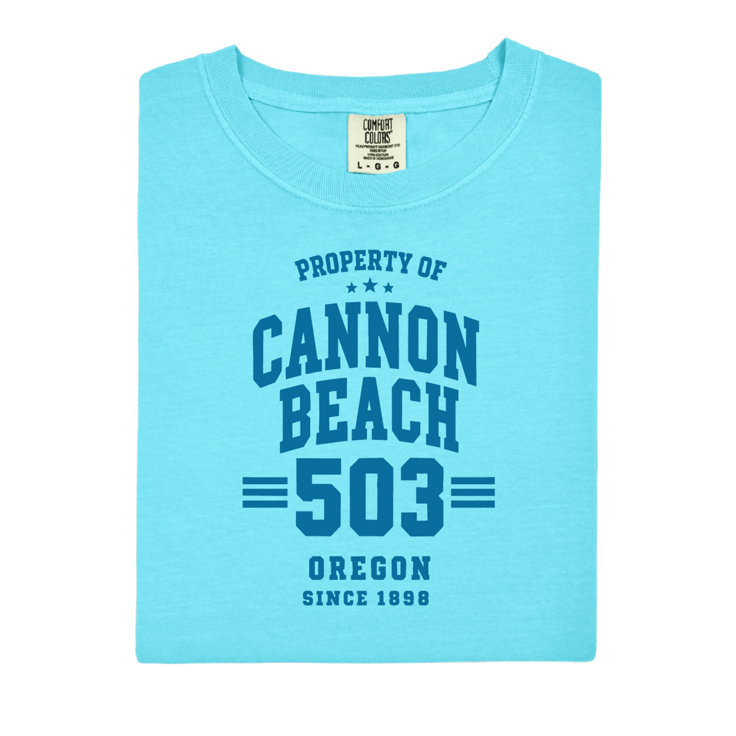 Light blue t-shirt with 'Property of Cannon Beach 503 Oregon Since 1896' text on a white background