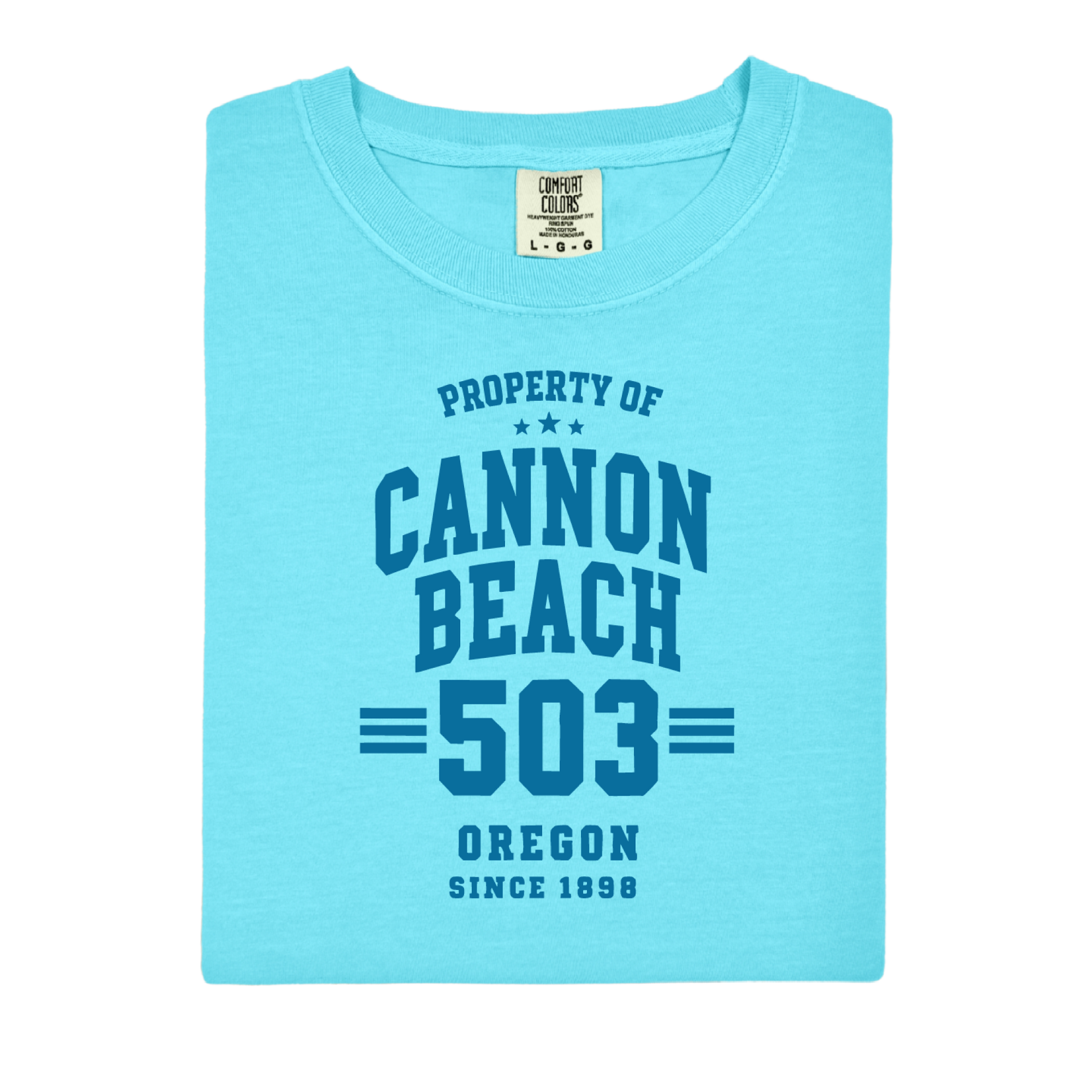 Light blue t-shirt with 'Property of Cannon Beach 503 Oregon Since 1896' text on a white background