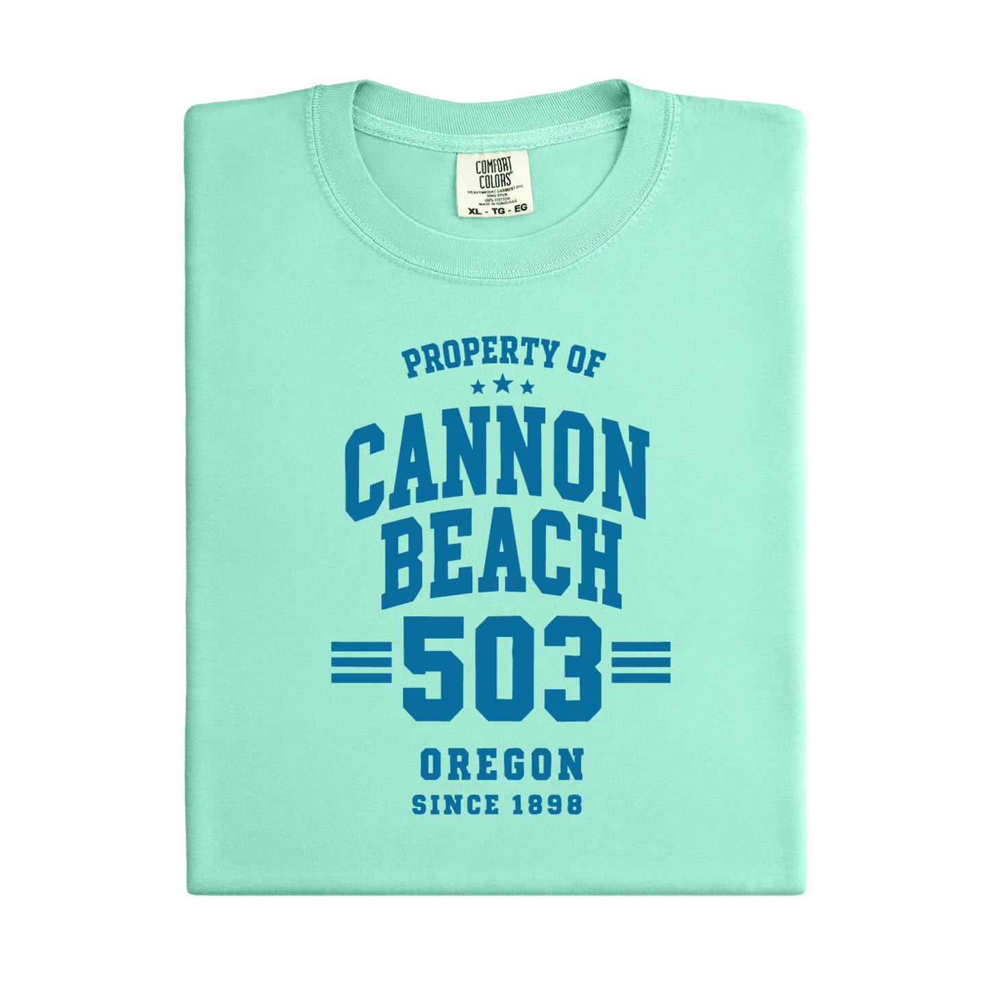 Light green t-shirt with 'Property of Cannon Beach 503 Oregon Since 1898' text on a white background