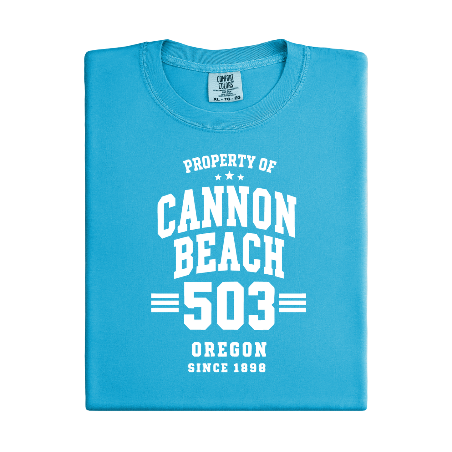 Folded blue t-shirt with white text on a white background