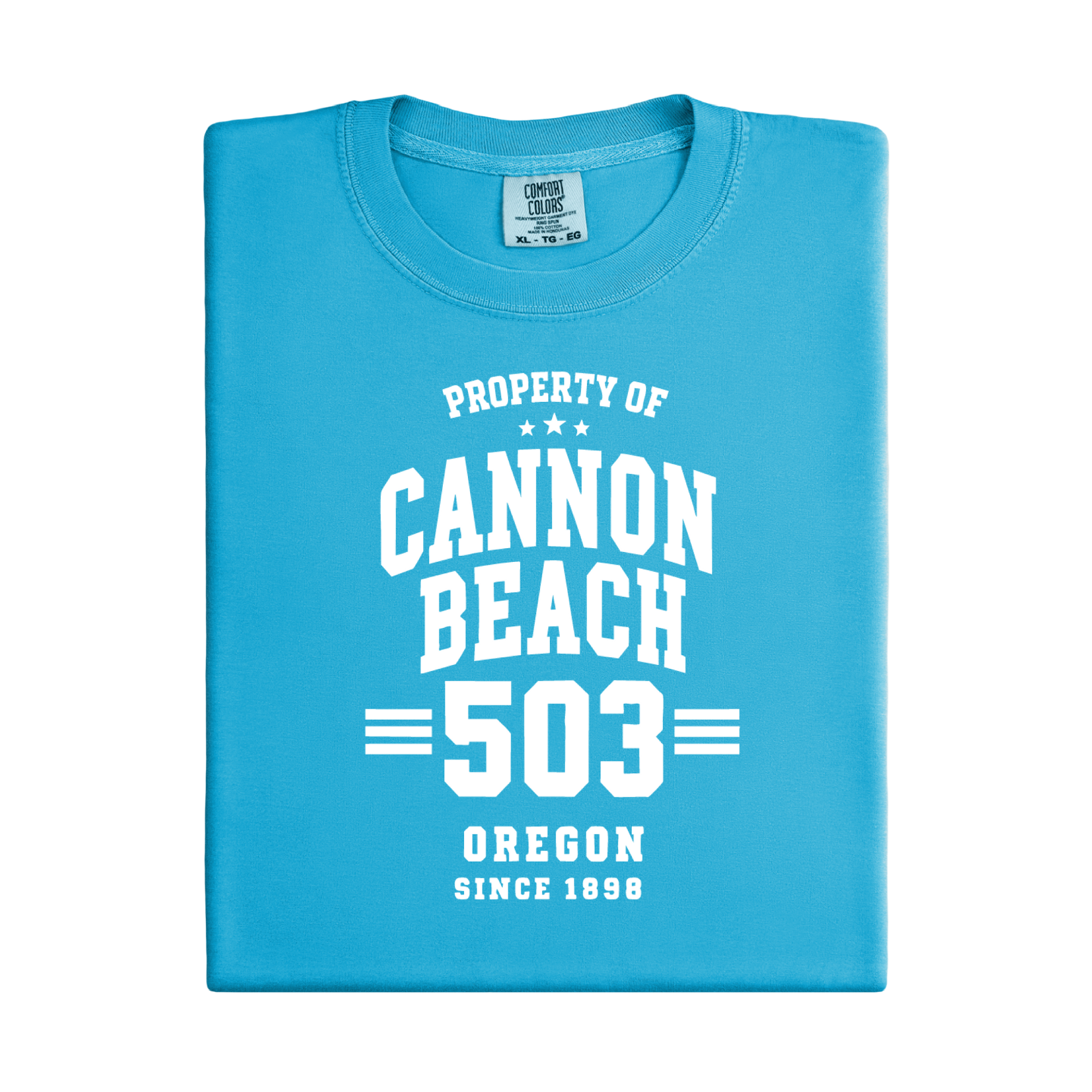 Folded blue t-shirt with white text on a white background